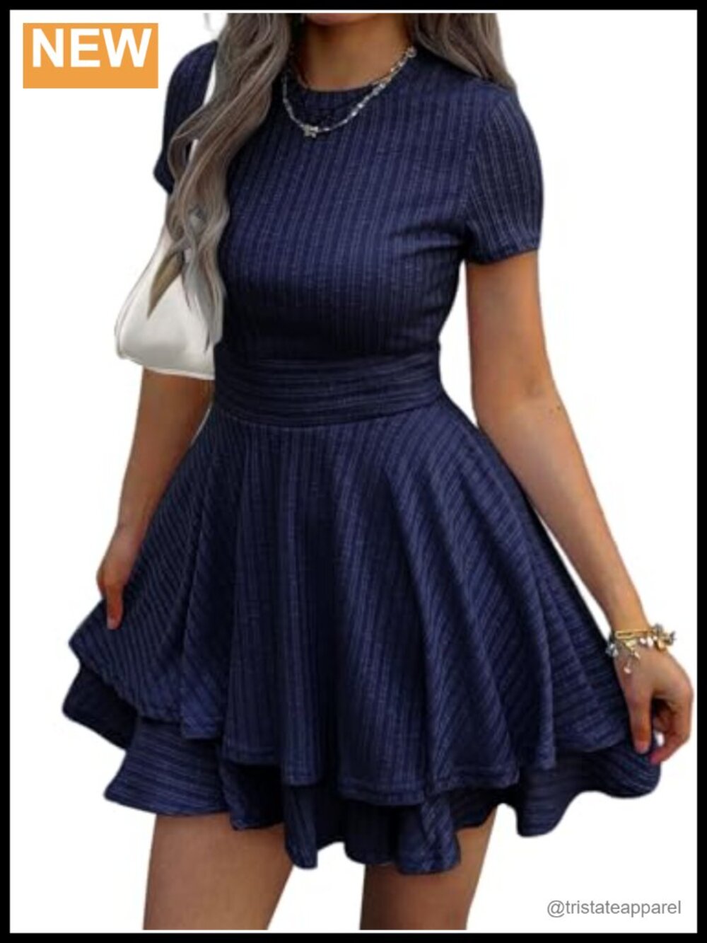 Women's Summer Mini Dress Short Sleeve Crewneck Knit Crochet Tiered Sundress